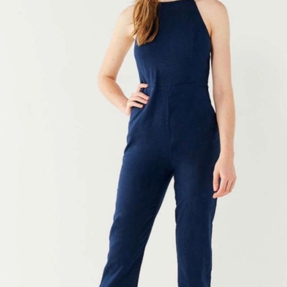 Urban Outfitters‎ Womens Size 0 Blue Sleeveless Linen Blend Open Back  Jumpsuit